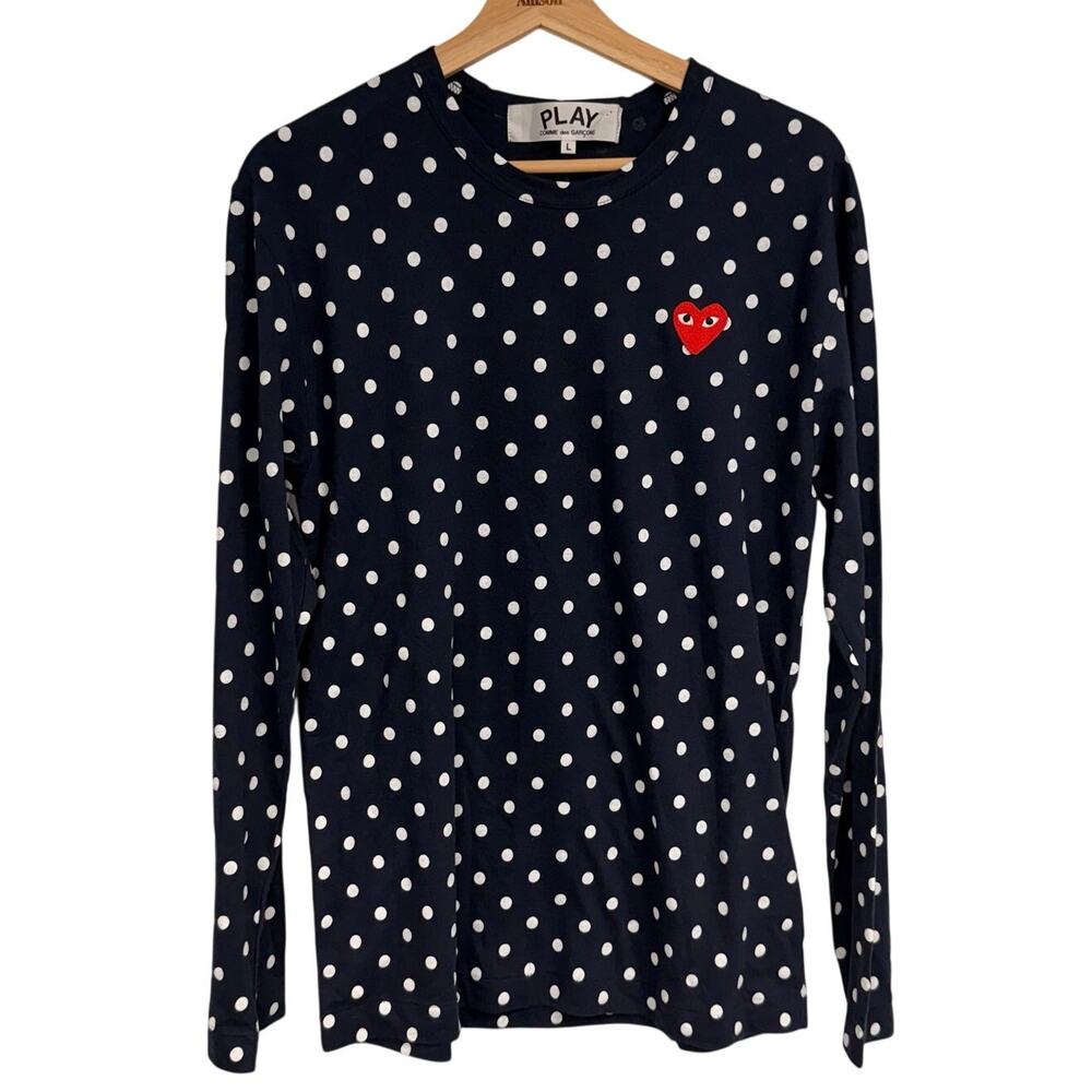 Comme des Garcons PLAY Polka Dot Long Sleeve T-Shirt Navy Blue Heart Logo Size L